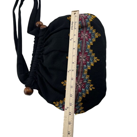 Handmade Black Shoulder Bag Colorful Embroidery & Wooden Accents reversible - Picture 6 of 9